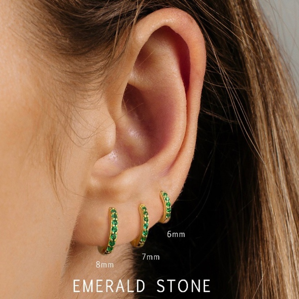 14K Yellow Gold Emerald Paved Huggie Hoop Earrings
